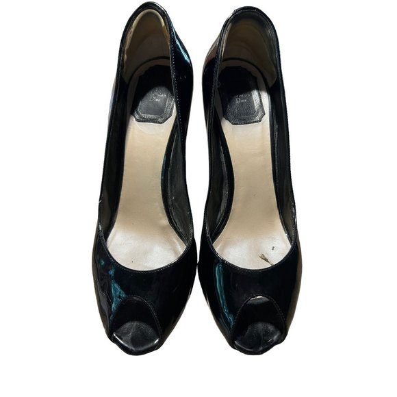 Christian Dior Black Patent Leather Platform Heels Peep Toe 4" heel 38.5 US 8.5 - Picture 2 of 12